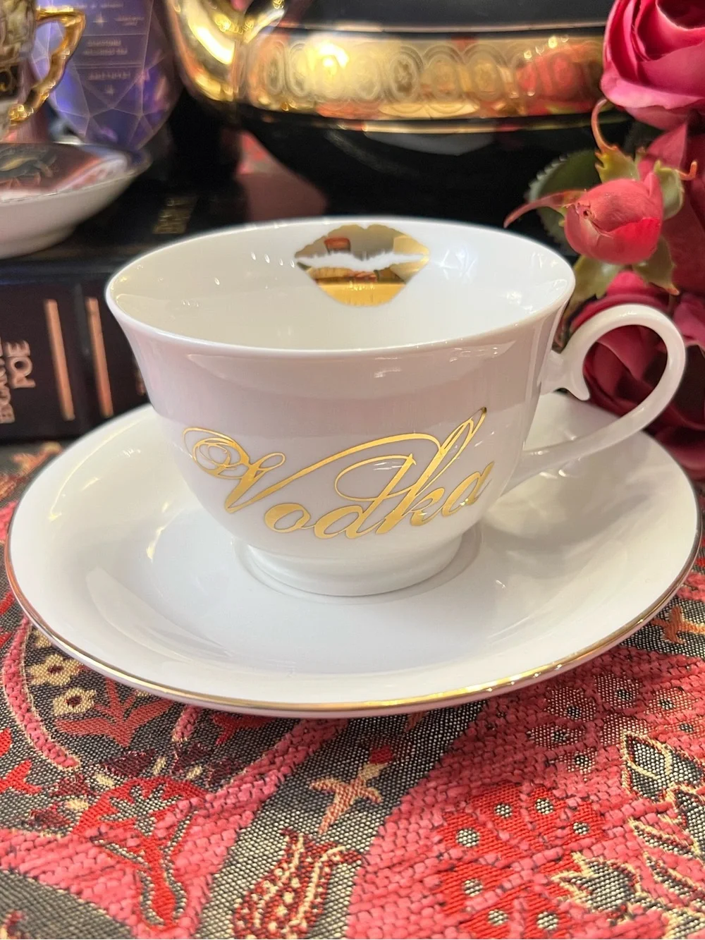 Vodka & Gold Lips Teacup & Saucer | White Ceramic with Gold Trim